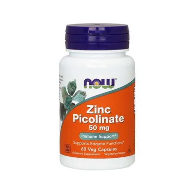 A bottle of NOW Foods Zinc Picolinate supplement against a white background.