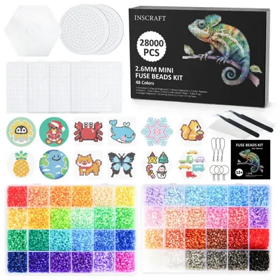 Productafbeelding van Mini strikparels set: 7 strikparelplaten, 15 strikparelontwerpen, 2 pincetten, 2 strikpapier en 6 kettingonderdelen, 48 kleuren