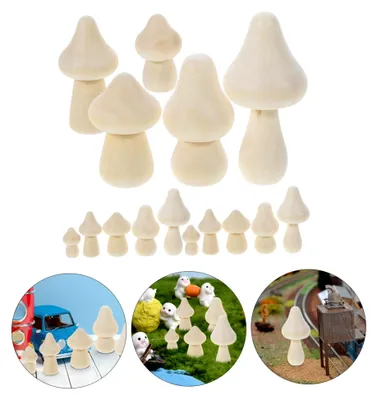 Produktbild von 20 Mini-Holzpilze zum Bemalen in verschiedenen Formen und Höhen für Bastelprojekte und Dekoration