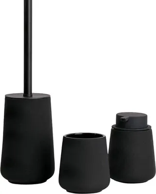 Produktbild von Komplett-Badzimmer-Outfit mit 3-fachiger Seife-Aufbewahrung, Zahnputzhalter und Toilettenbürstenset, schwarz, matt.