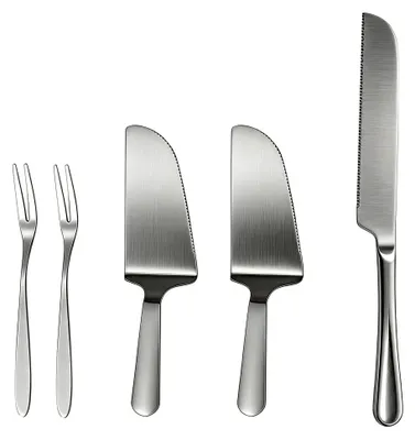 Produktbild von 5 Stück Kuchenheber- und Tortenheber-Set aus Edelstahl inklusive Tortenmesser und Kuchengabeln für Hochzeiten, Geburtstage, Feiern, Jubiläen, Küchen und Restaurants
