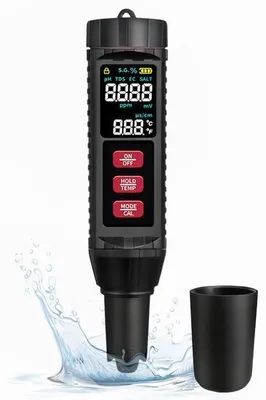 Zdjęcie produktu dla Miernik zasolenia, pH i innych parametrów wody basenowej - tester do basenu 7 w 1 - pomiar zasolenia, TDS, ORP - tester pH i przewodności elektrycznej (EC) - model 2025