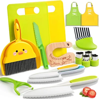 Produktbild von Kindermesser Set 16-teilig, mit Holzmesser und Schürze, für Küche, ab 2 Jahren