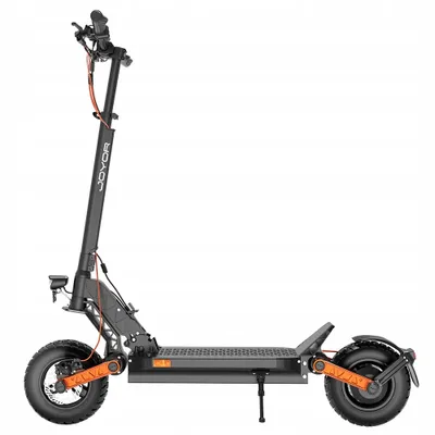 A black electric scooter with orange accents is shown against a white background.