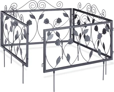 Produktbild von Relaxdays Beetzaun Metall, Beeteinfassung zum Stecken, 4 Vintage Zaunelemente mit Blättern, HxB 34,5 x 56,5 cm, schwarz