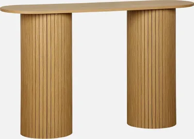 A wooden console table with two cylindrical legs.