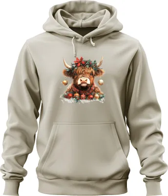 Produktbild von Highland Rind Weihnachten mit Kranz Stechpalme Schneeflocke Retro Uni Hoodie Kapuzenpullover, Natur, XXL