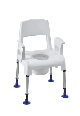 A white multifunctional shower chair with a commode bucket underneath, shown against a white background.