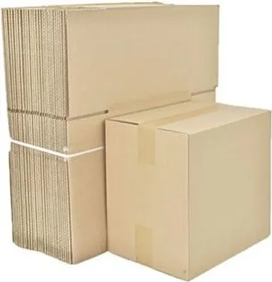 A stack of cardboard boxes and two assembled boxes.
