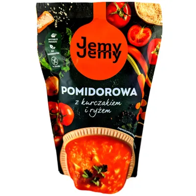 A pouch of tomato soup with chicken and rice.