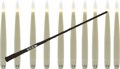 A wand is placed diagonally across a row of LED candles.