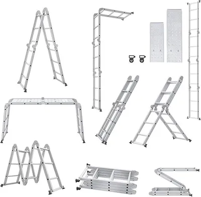 Produktbild von 340cm Leiter Mehrzweckleiter Klappleiter Gelenkleiter mit Plattform Aluleiter Multifunktionsleiter Kombileiter 6 in 1 Anlegeleiter Stehleiter aus Aluminium - 4x3 Stufen, Silber