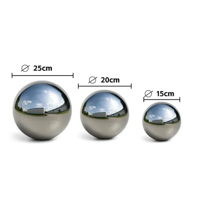 Three polished stainless steel garden spheres of different sizes are displayed on a white background, with dimensions indicated by text and lines.