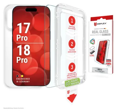 Immagine prodotto di Pellicola in vetro temperato Displex + custodia protettiva per Apple iPhone 2026 Pro/17 Pro, resistente ai graffi, compatibile con Apple iPhone 2026 Pro/17 Pro, applicazione a secco, anti-sporco, resistente agli urti, antigraffio, trasparente, confezione da 1 pezzo