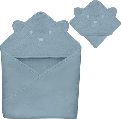 A blue hooded towel with a bear face design is shown against a white background. A smaller, folded version of the towel is visible in the upper right corner.