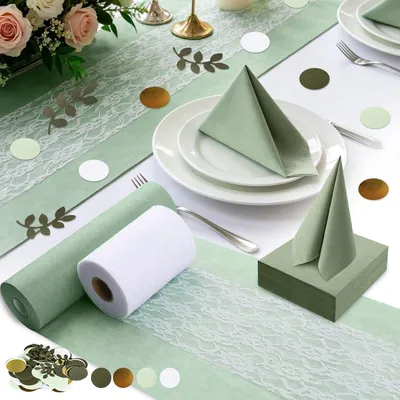 Produktbild von Tischdeko-Set Eukalyptus Grün mit Vlies-Tischläufer, Spitzenbändern, Servietten und Streuteilen