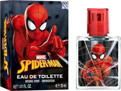 A product shot of Spider-Man branded Eau de Toilette and its packaging.