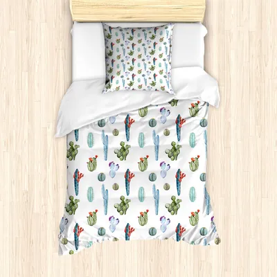 Produktbild von ABAKUHAUS Kaktus Bettbezug Set, Nette einheimische Pflanzen Aquarell mit vielen Designs Aquarell Elemente Blossom, 135 x 200 cm + 80 x 80 cm, Mehrfarbig