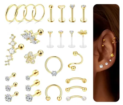 Immagine prodotto di Dailygoody - Piercing per cartilagine dell'orecchio (trago) - Set di orecchini - Cerchi in acciaio inossidabile - Zirconia - Piercing per cartilagine e naso - Adatto sia per uomo che per donna