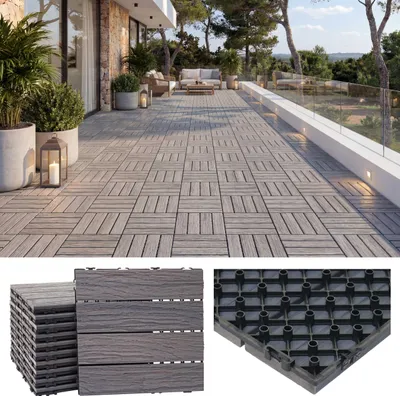 Immagine prodotto di Piastrella per pavimento in WPC HWC-E19, aspetto legno balcone/terrazzo, struttura 3D lineare ~ marrone antico, 11x ogni 30x30cm = 1mq