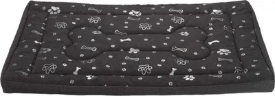 A dark gray dog bed with a bone-shaped cushion and paw print pattern, isolated on a white background.