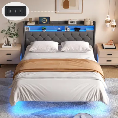 Image de Lit rembourré BEALIFE 160x200 cm avec tête de lit, espace de rangement et éclairage LED | Structure en métal, gris foncé/beige | AF21