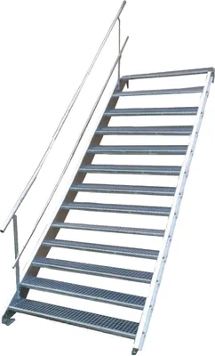 A metal staircase with a handrail against a white background.
