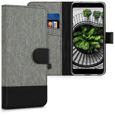 Produktbild von kwmobile Wallet Case kompatibel mit Google Pixel 3a - Hülle mit Ständer - Handyhülle Kartenfächer Grau Schwarz