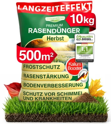 Produktbild von DÜNGEMEISTER Herbst Rasendünger – mit Langzeitwirkung und KaliumschutzPlus Formel für extrem winterfesten, sattgrünen Rasen! Perfekte Widerstandsfähigkeit gegen Frost & Krankheiten (10kg)