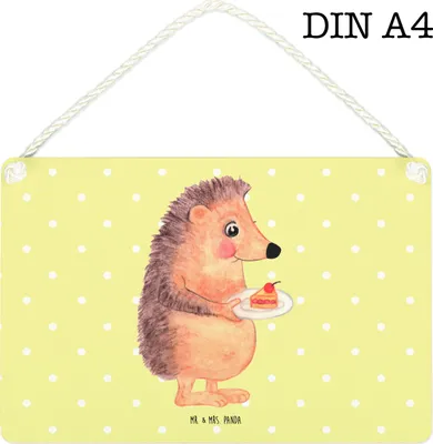 Produktbild von Mr. & Mrs. Panda Schild Igel Kuchenstück DIN A4 - Gelb Pastell - Geschenk, Kuchen, Wandbild Holz, wandtafel, Türschild, Geburtstagskuchen, Backen, Torte, Essen Spruch
