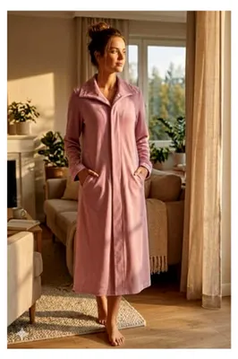 Produktbild von Revise RE-647 Damen Bademantel mit Knöpfen - Hausmantel aus Baumwollvelours - Warm, Lang, mit Taschen