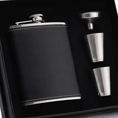 Heupflasche Set 7 oz mit Trichter und 2 Gläsern, schwarz