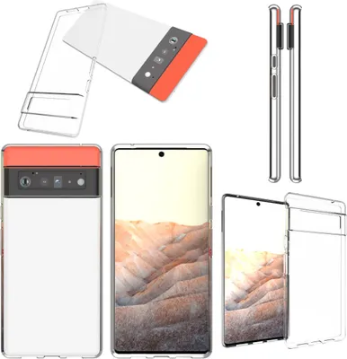 A collage of images showing a clear phone case for a Google Pixel 6 Pro, with different angles and views.