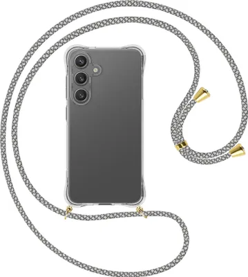 Produktbild von Handykette Backcover-Schutzhülle mit Band (Metall goldfarben) für Samsung S25 - weiß/grau kariert