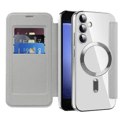 Produktbild von Klapphülle für Samsung Galaxy S23 FE Kompatibel mit Magsafe, Klar Überzug Kartenhalter Ledertasche mit Kameraschutz Silber