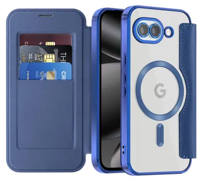 Obrázek produktu pro Pouzdro pro Google Pixel 10A kompatibilní s MagSafe, průhledné pouzdro s držákem karet, kožené pouzdro s ochranou kamery modré