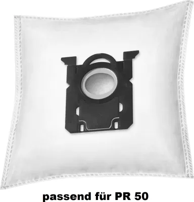 A white vacuum cleaner bag with a black adapter is shown against a white background. Text is present below the product.