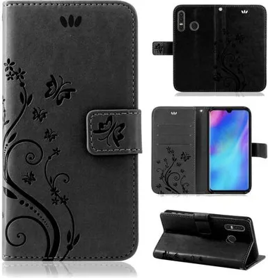 Produktbild von Handytasche für Huawei P30 Lite Blumen Flip Cover Buchhülle mit Magnetverschluss, Grau
