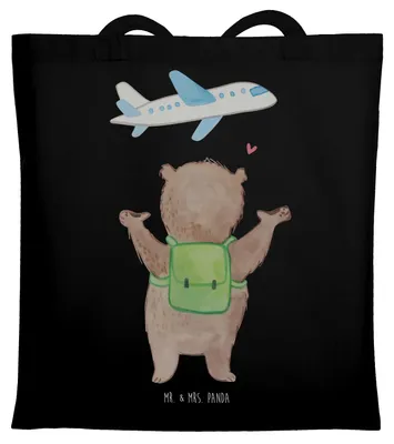 Produktbild von Mr. & Mrs. Panda Jutebeutel Bär Flugzeug - Schwarz - Geschenk, für Partner, Tote Bag, Schultasche, Jahrestag, Hochzeitstag, Tasche, Frauen, Freundin, Valentinstag, Beutel