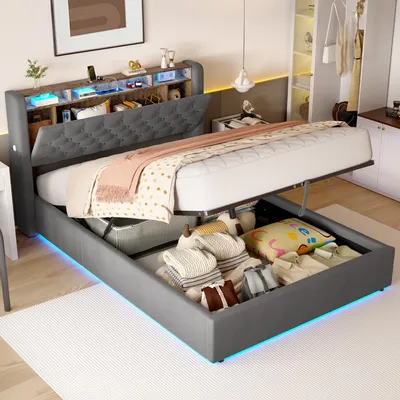 Obrázek produktu pro okwish Čalouněná postel 140×190 cm se zásuvkou a LED osvětlením, manželská postel s úložným čelem, postel pro mládež v tmavě šedé barvě, bez matrace