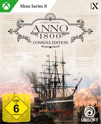 The cover art for the video game Anno 1800 Console Edition for Xbox Series X, featuring a large sailing ship in a harbor with industrial elements in the background.
