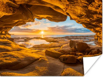 Produktbild von MuchoWow® Poster Höhle - Meer - Horizont - Sonnenuntergang 160x120 cm - Foto Plakat