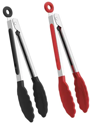 2er-Set Küchenzangen, Silikon, hitzebeständig, Edelstahl, schwarz/rot
