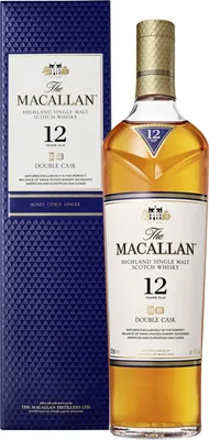 A bottle of Macallan 12 Year Old Double Cask Highland Single Malt Scotch Whisky next to its gift box.