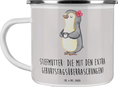 Produktbild von Mr. & Mrs. Panda Teetasse Stiefmutter Überraschungen - Grau Pastell - Geschenk, Emaille Tasse, Familie, Feiern, Weisheit, Geburtstagsüberraschungen, Dankeschön, Pott
