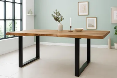 Produktbild von Refurbished Möbelretoure Esstisch Baumkante 350 x 120 cm Akazie Natur massiv U-Gestell schwarz CALINDA