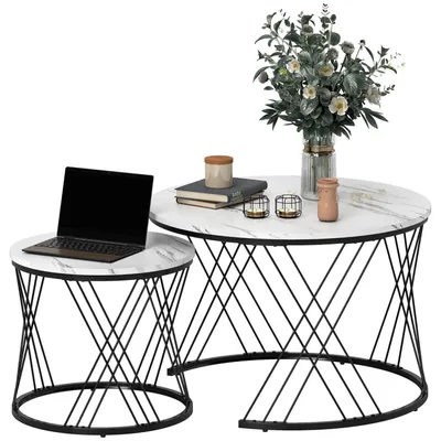 Produktbild von Couchtische im 2er-Set, Marmoroptik, Spanplatte, Metall, runde Kaffeetische für Wohnzimmer, ineinanderstellbar, Weiß