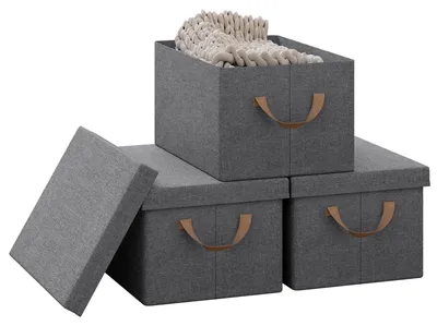 Produktbild von WOLTU Aufbewahrungsbox mit Deckel 3 Stück, aus Polyesterstoff, für Schlafzimmer, Arbeitszimmer, Wohnzimmer, Organizer Box mit Griffen, faltbar, Grau, 38x27x20 cm