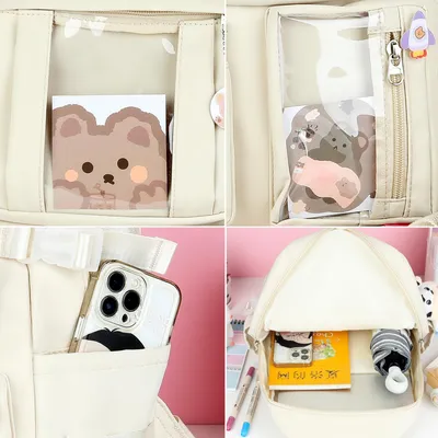 Produktbild von Schulrucksack Kawaii mit Zubehör, Broche und Anhänger, Plüschtier, 1 Stück, für die Schule