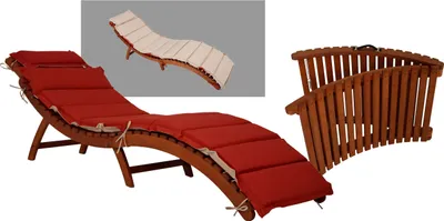 A set of two wooden garden loungers with red cushions, shown from different angles.